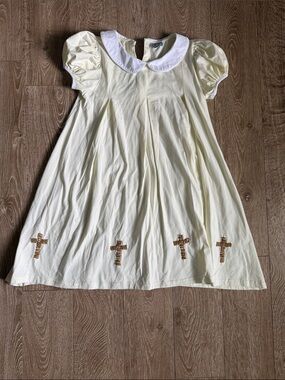 Girls' Cream Peter Pan Collar Dress with Gold Cross Embellishments